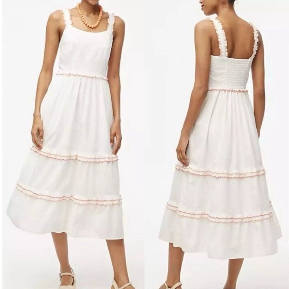 J.CREW Midi Dress Women 14 White Orange Scalloped Trim NEW Pockets Cotton CA107